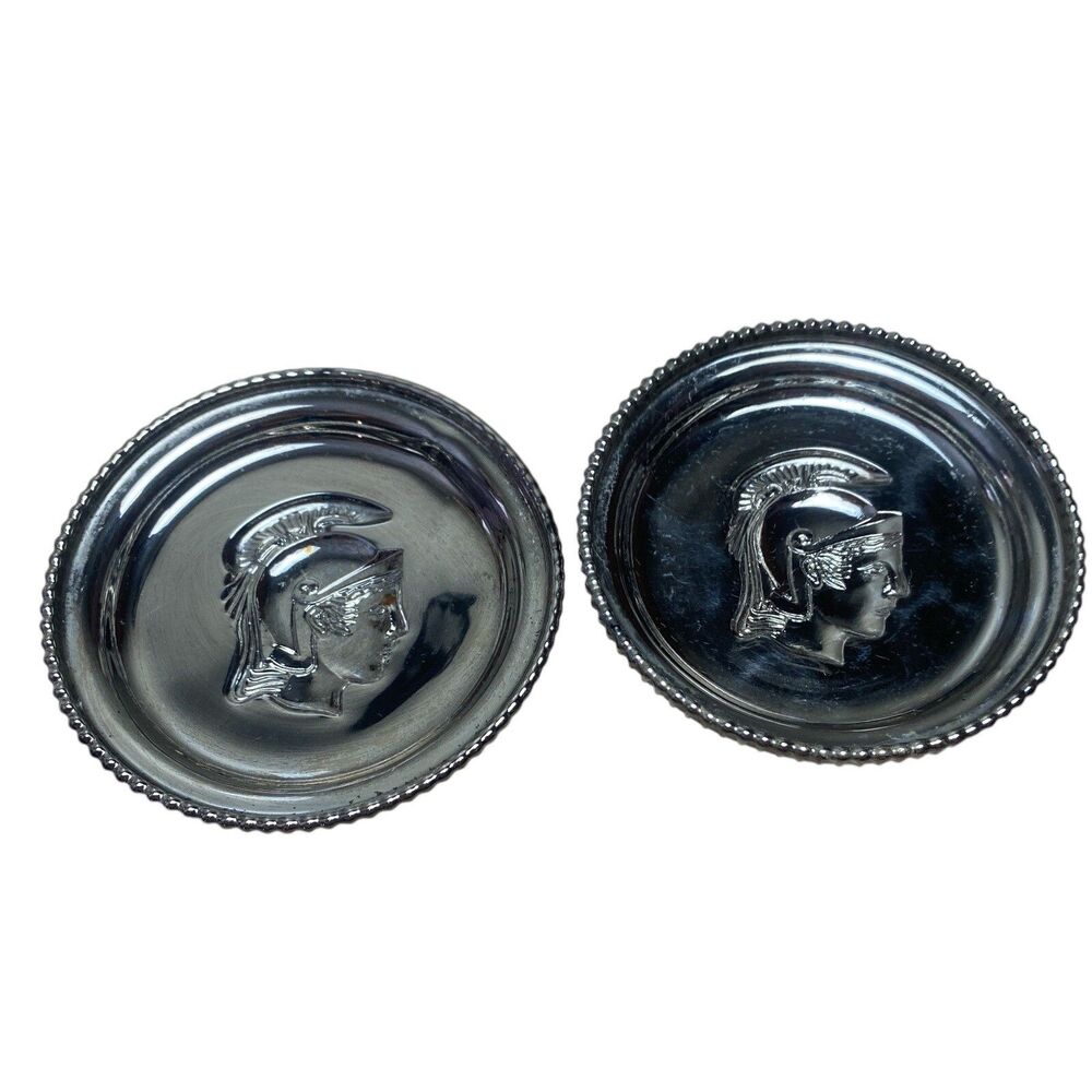 Set of 2 Roman Soldier Mercury Glass Coasters – Vintage Barware!